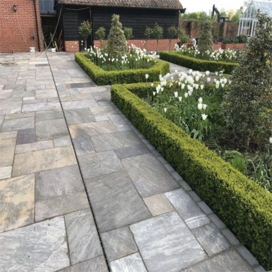 Grey large-format walkway paving bordered by hedges at a Gauteng property