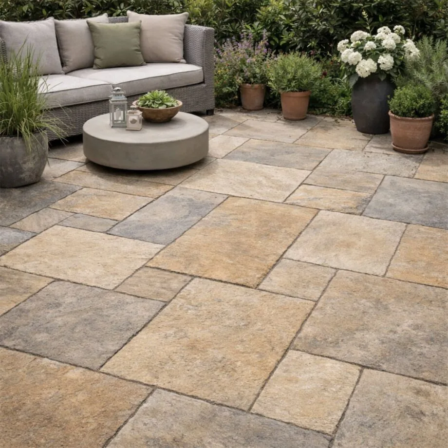 Sandstone flagstone patio paving with an outdoor lounge at a Gauteng home