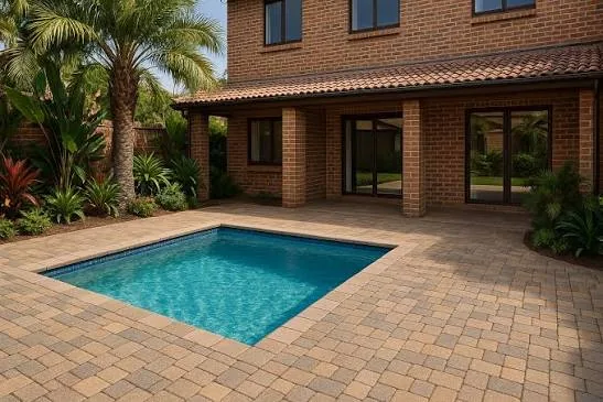 Residential swimming pool with tan pool surround paving and a landscaped garden in Gauteng